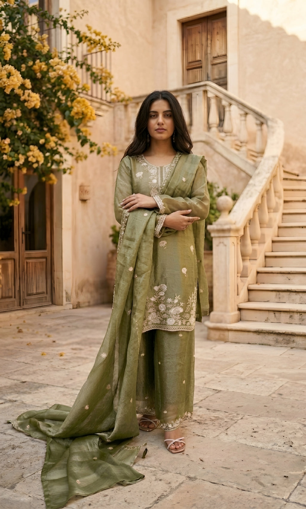 Hania - Sage Serenity Embroidered Suit Set