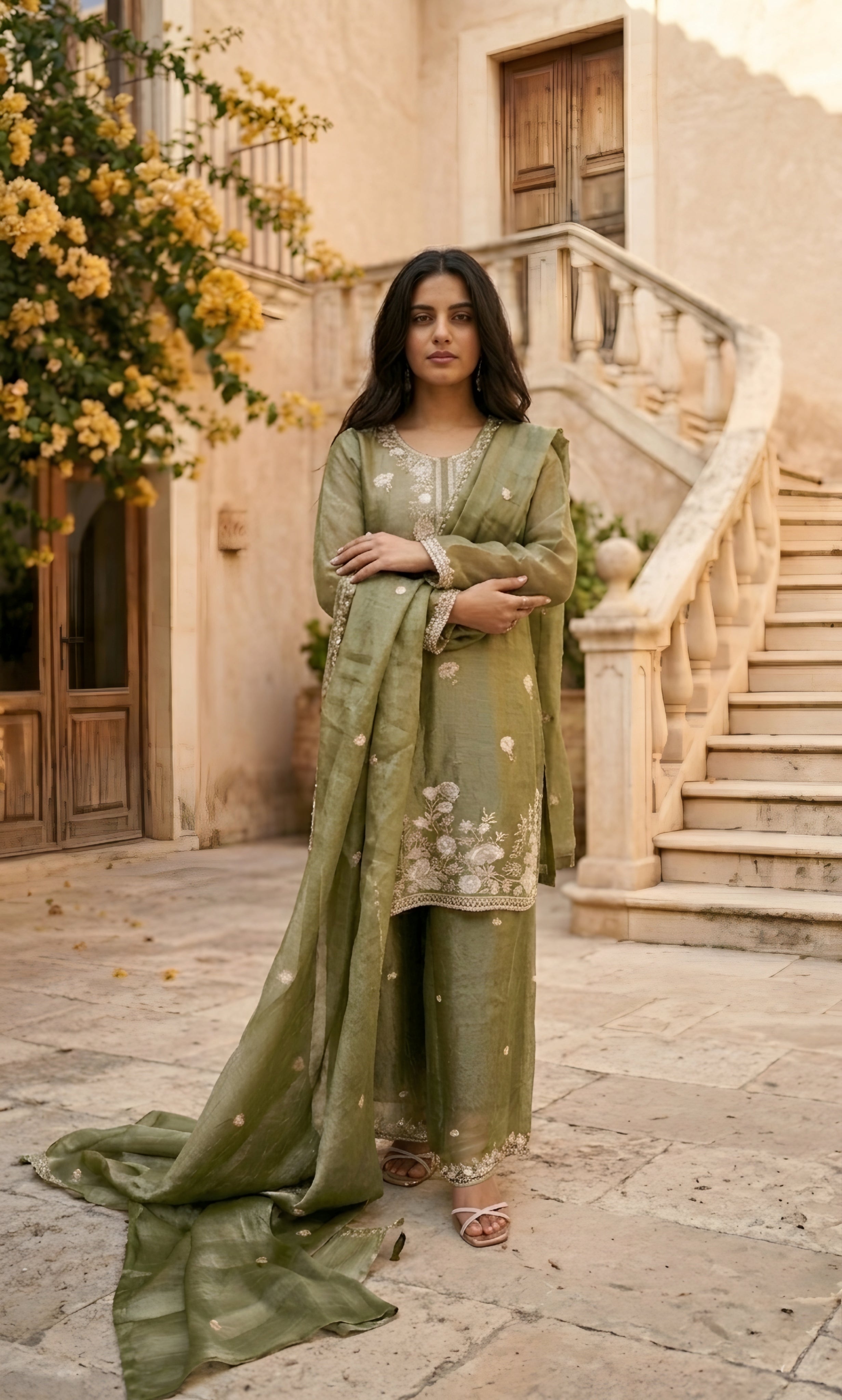Hania - Sage Serenity Embroidered Suit Set