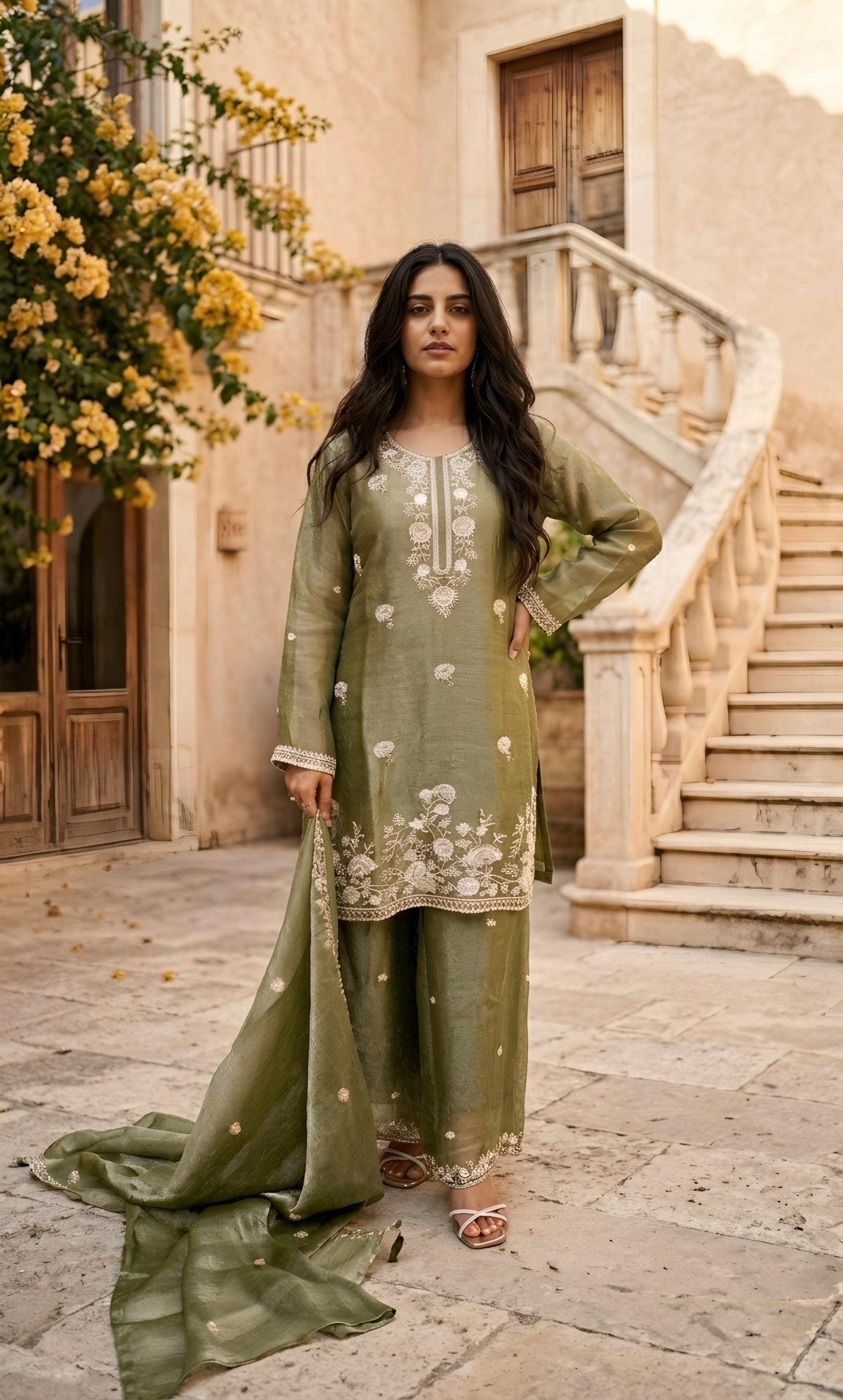 Hania - Sage Serenity Embroidered Suit Set