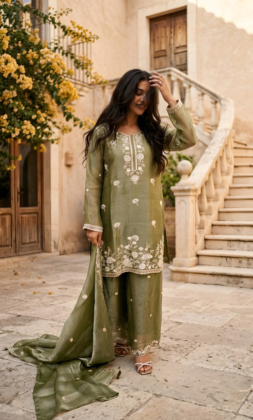 Hania - Sage Serenity Embroidered Suit Set