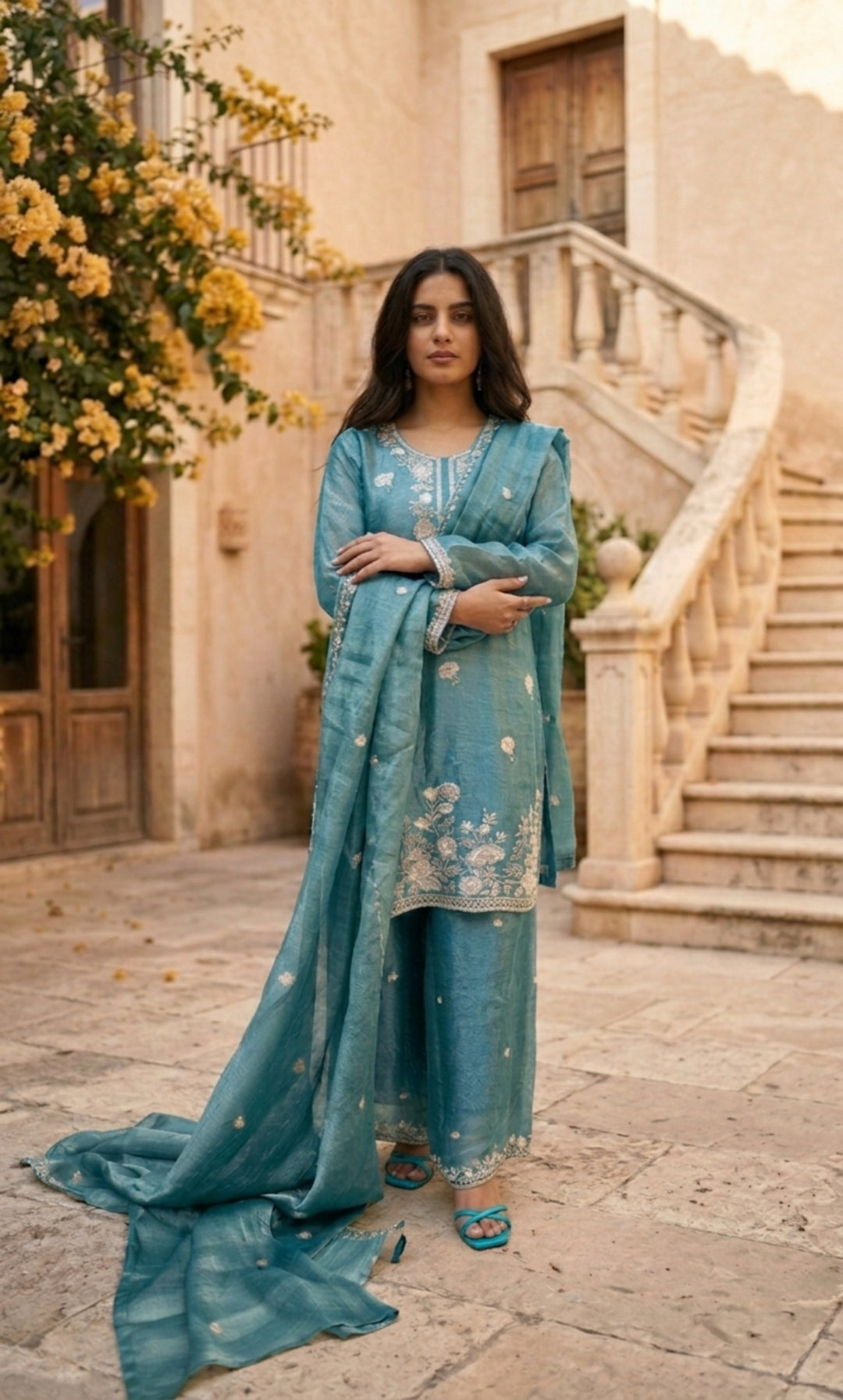 Hania - Sage Serenity Embroidered Suit Set