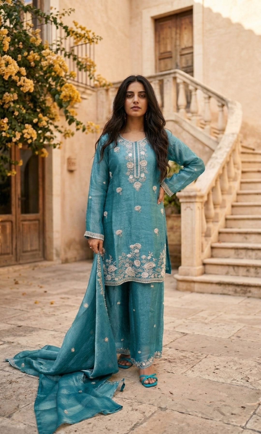 Hania - Sage Serenity Embroidered Suit Set