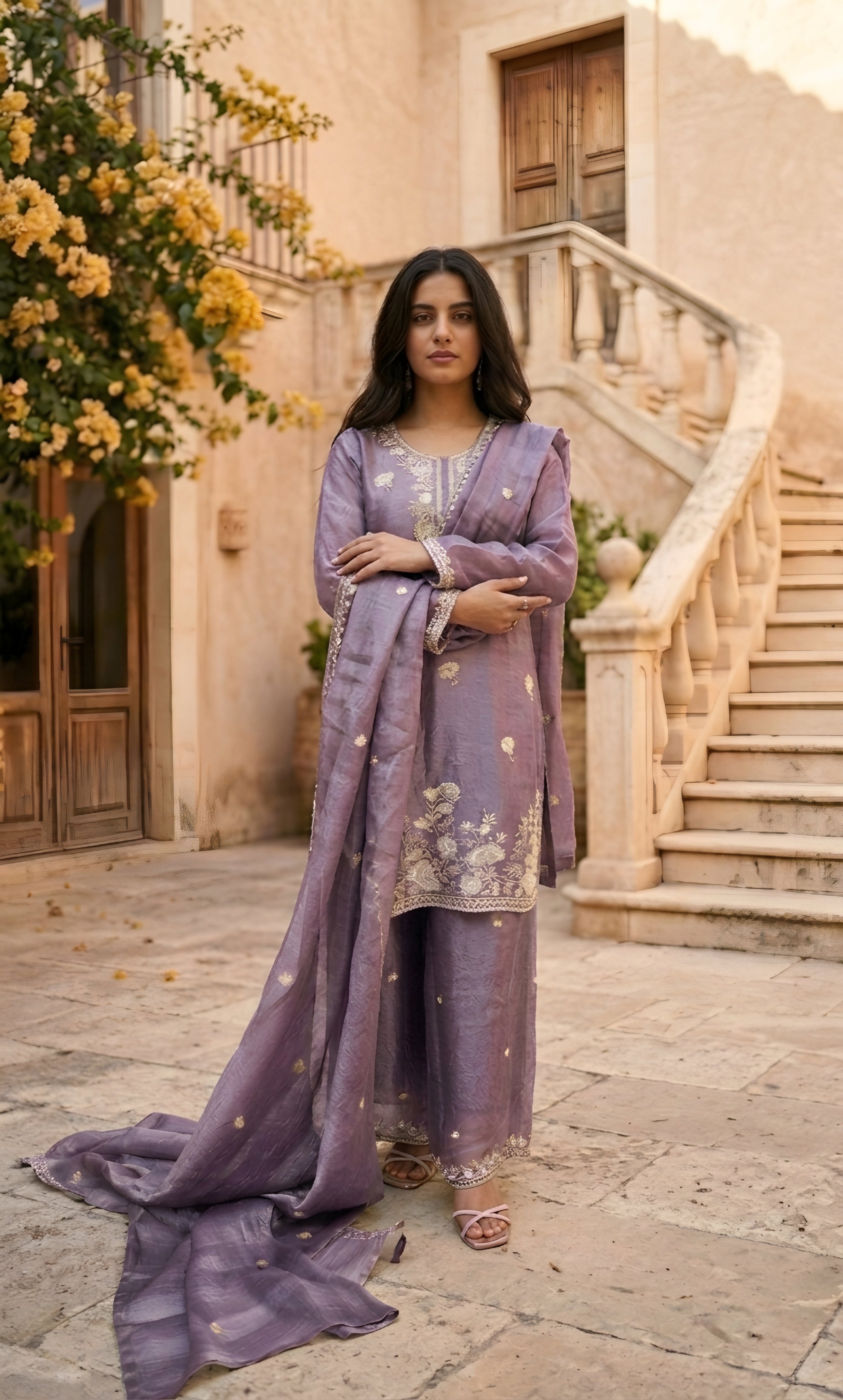 Hania - Sage Serenity Embroidered Suit Set