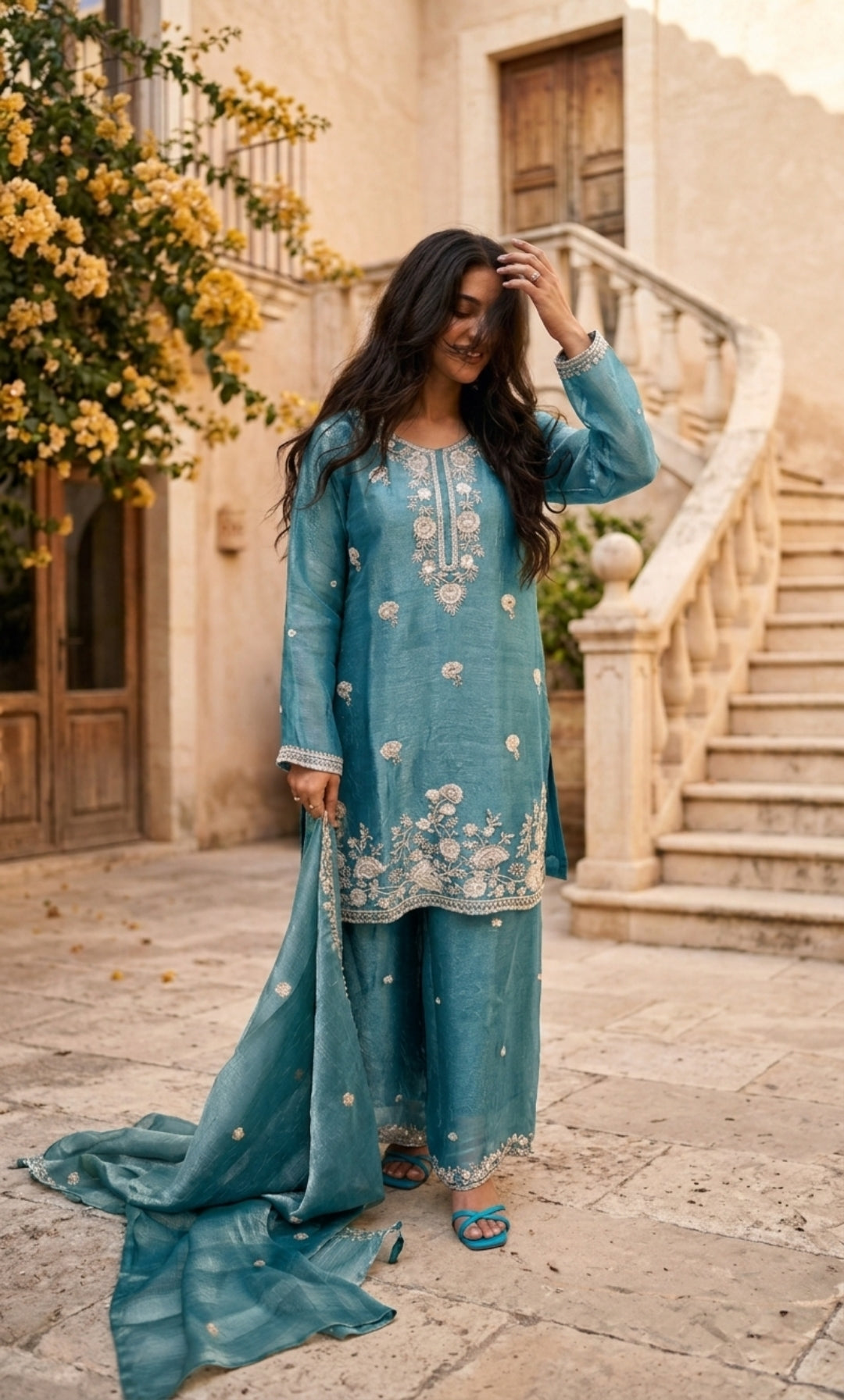 Hania - Sage Serenity Embroidered Suit Set