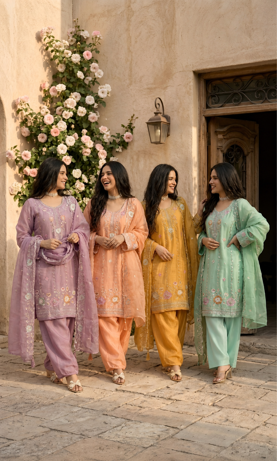 Mehr‑un‑Nisa - Peach Blossom Embroidered Suit Set