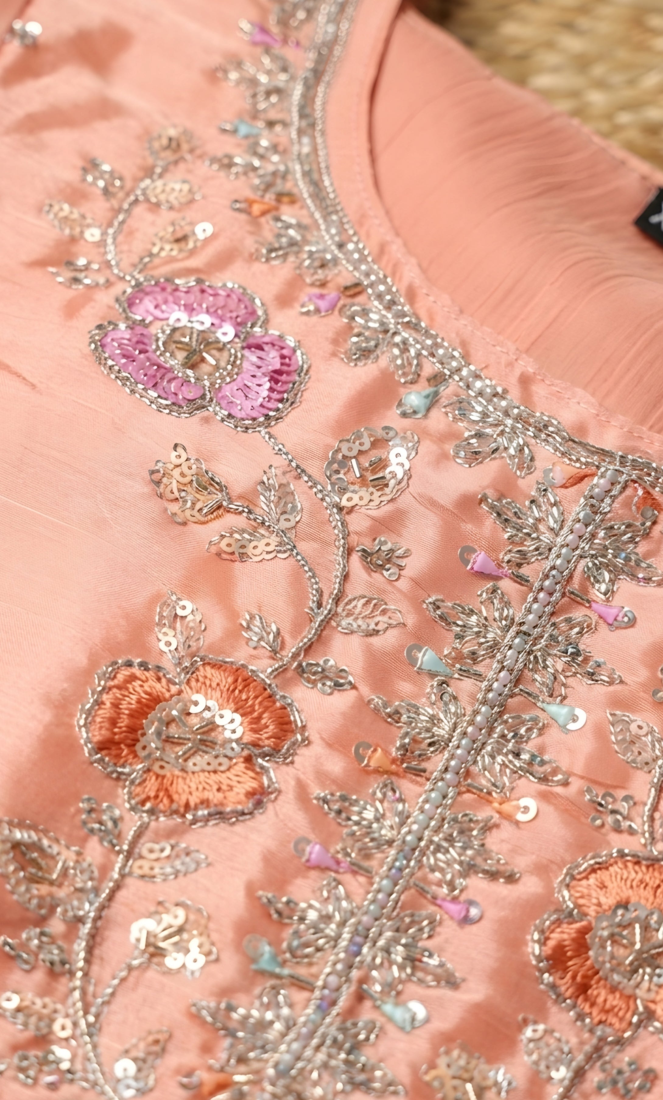 Mehr‑un‑Nisa - Peach Blossom Embroidered Suit Set