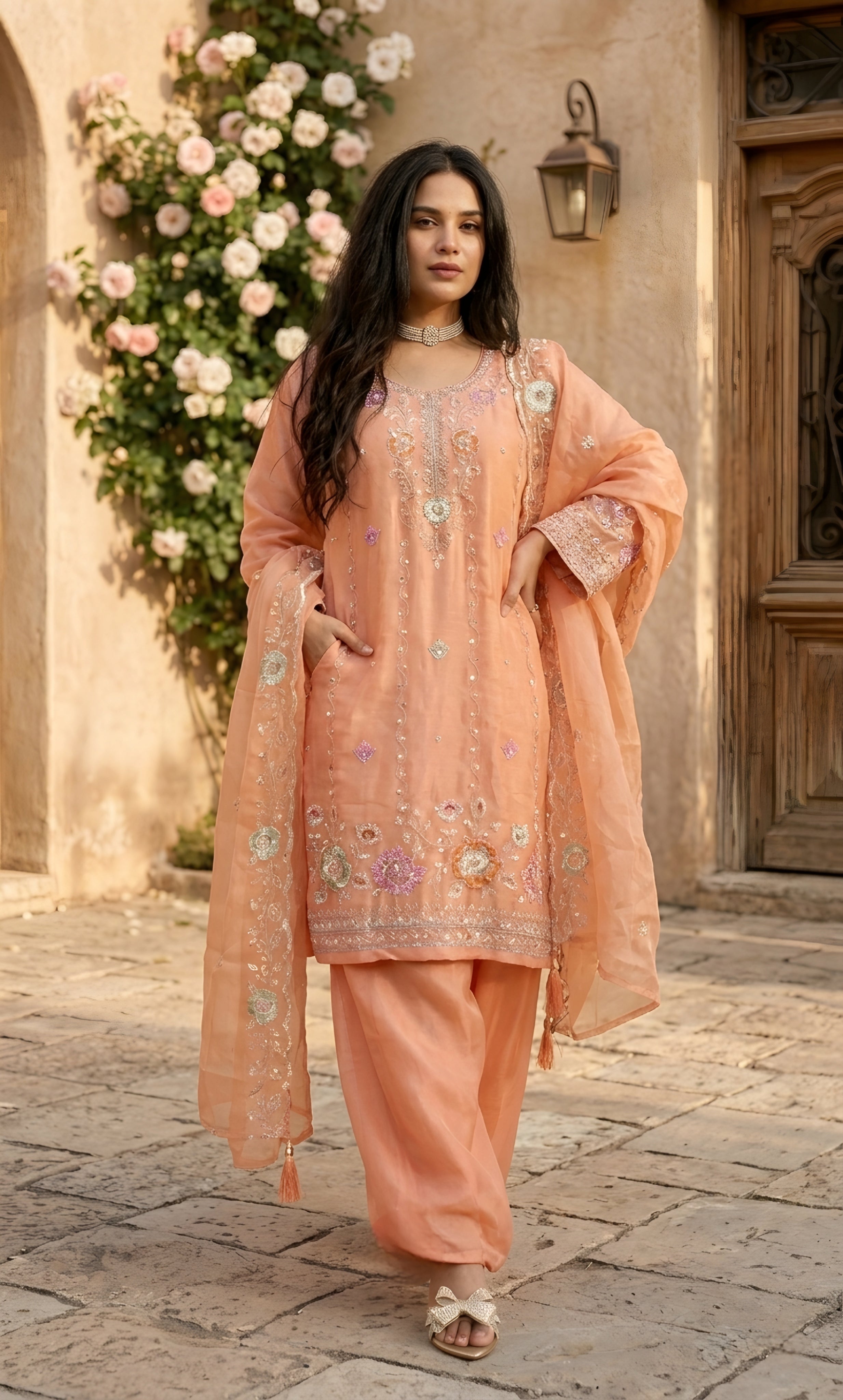 Mehr‑un‑Nisa - Peach Blossom Embroidered Suit Set