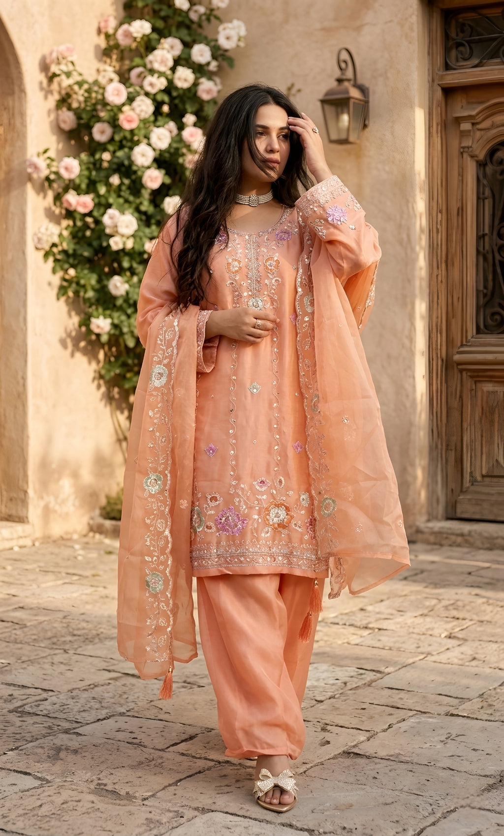 Mehr‑un‑Nisa - Peach Blossom Embroidered Suit Set