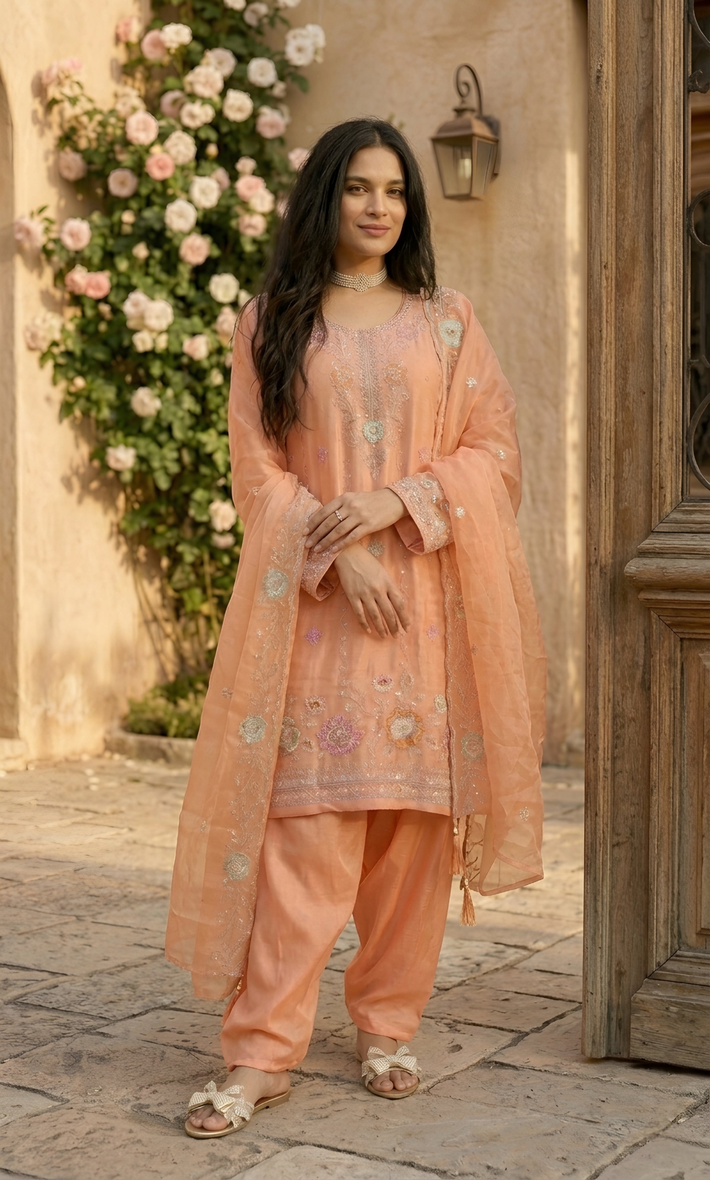 Mehr‑un‑Nisa - Peach Blossom Embroidered Suit Set