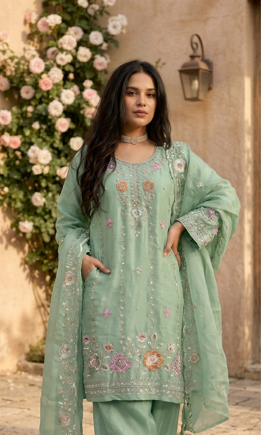 Mehr‑un‑Nisa - Peach Blossom Embroidered Suit Set