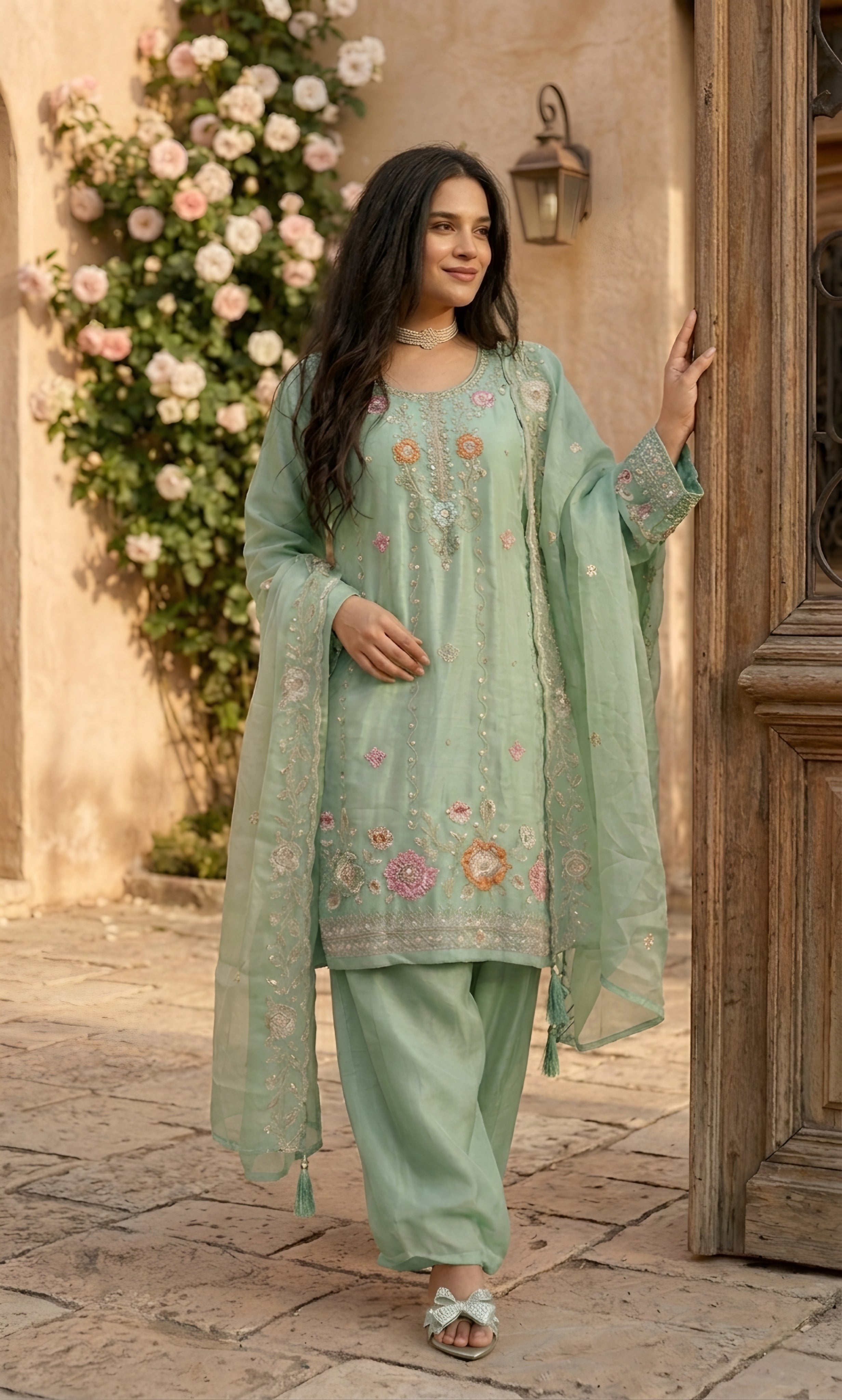 Mehr‑un‑Nisa - Peach Blossom Embroidered Suit Set