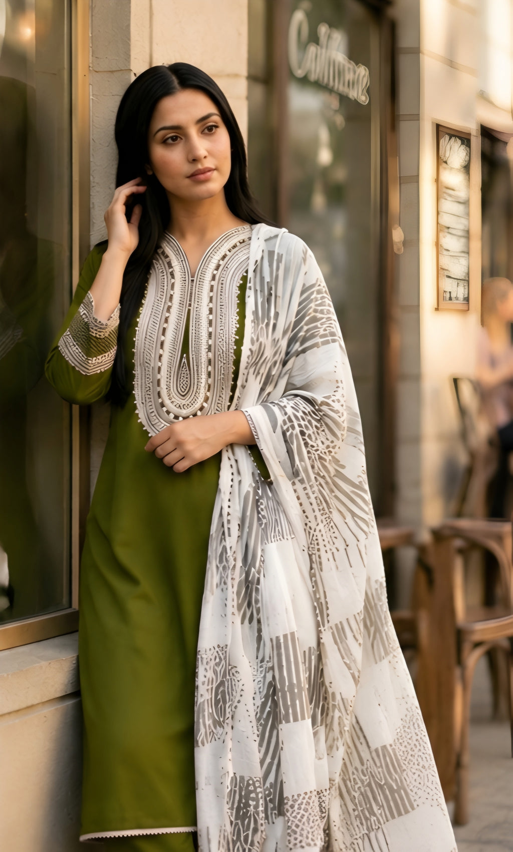Sadaf - Olive Majesty Embroidered Suit Set