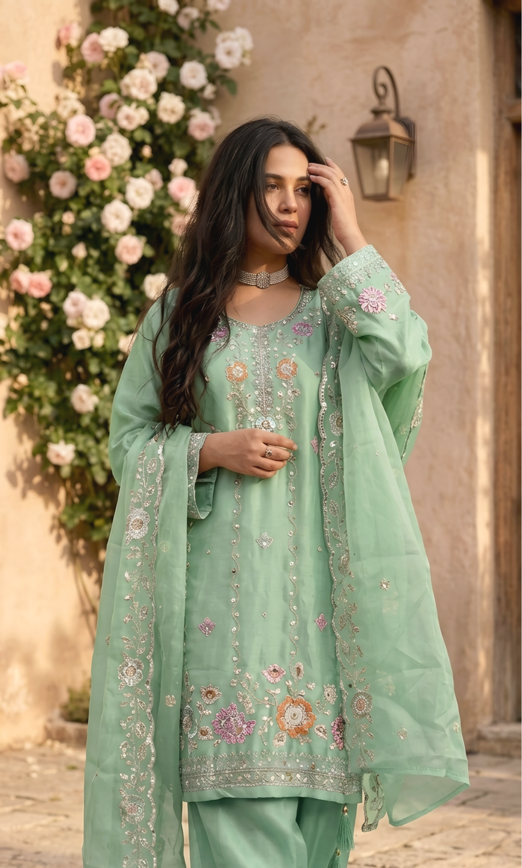 Mehr‑un‑Nisa - Peach Blossom Embroidered Suit Set