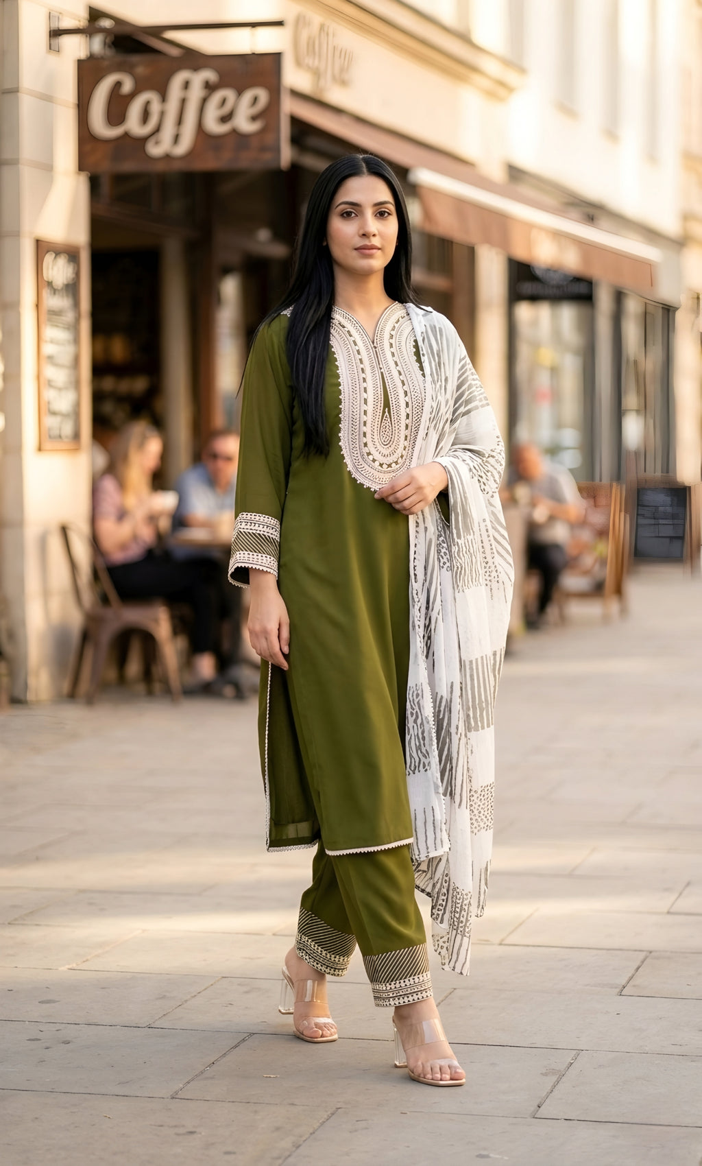 Sadaf - Olive Majesty Embroidered Suit Set
