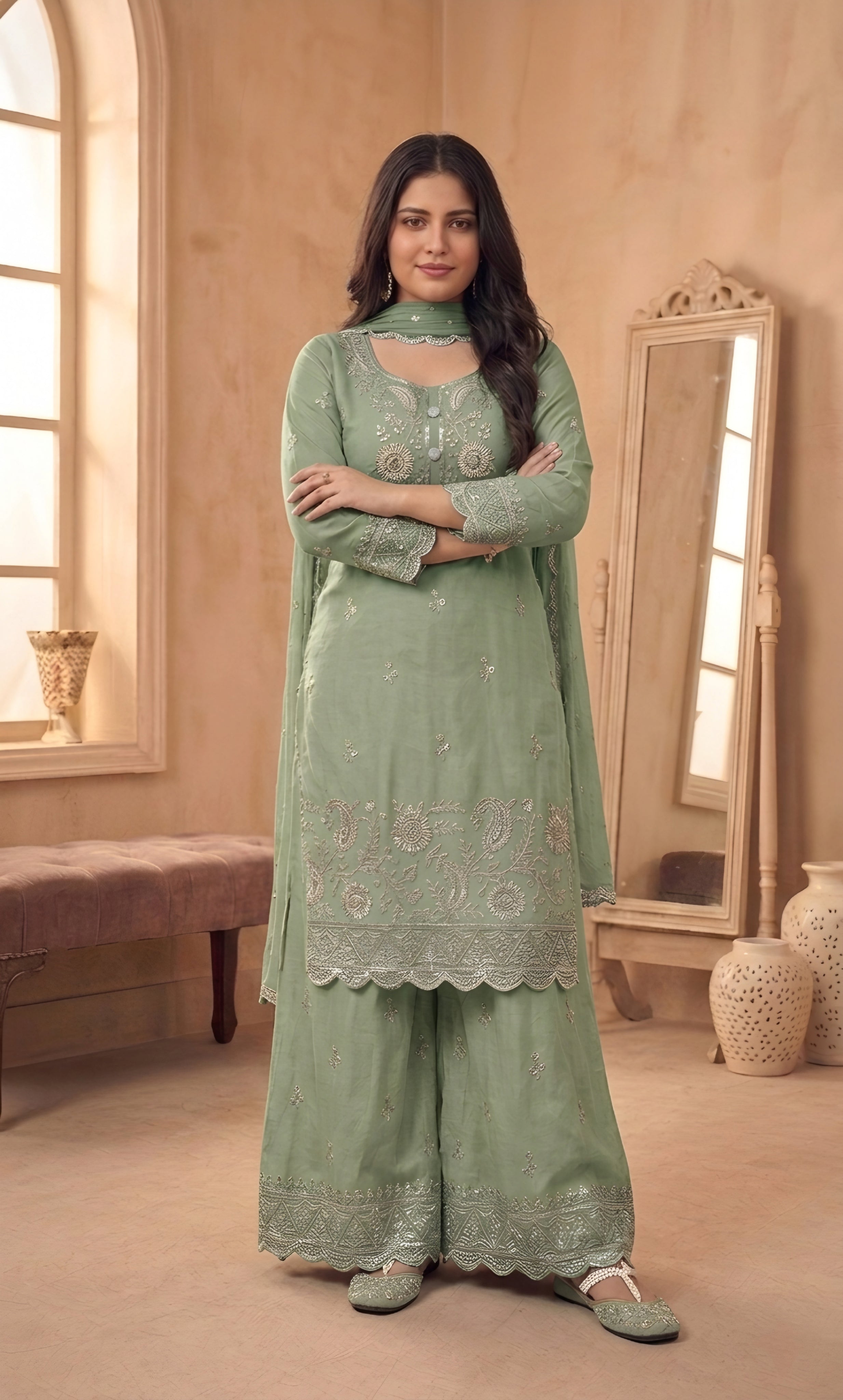 Hessa - Mint Royale Embroidered Suit Set