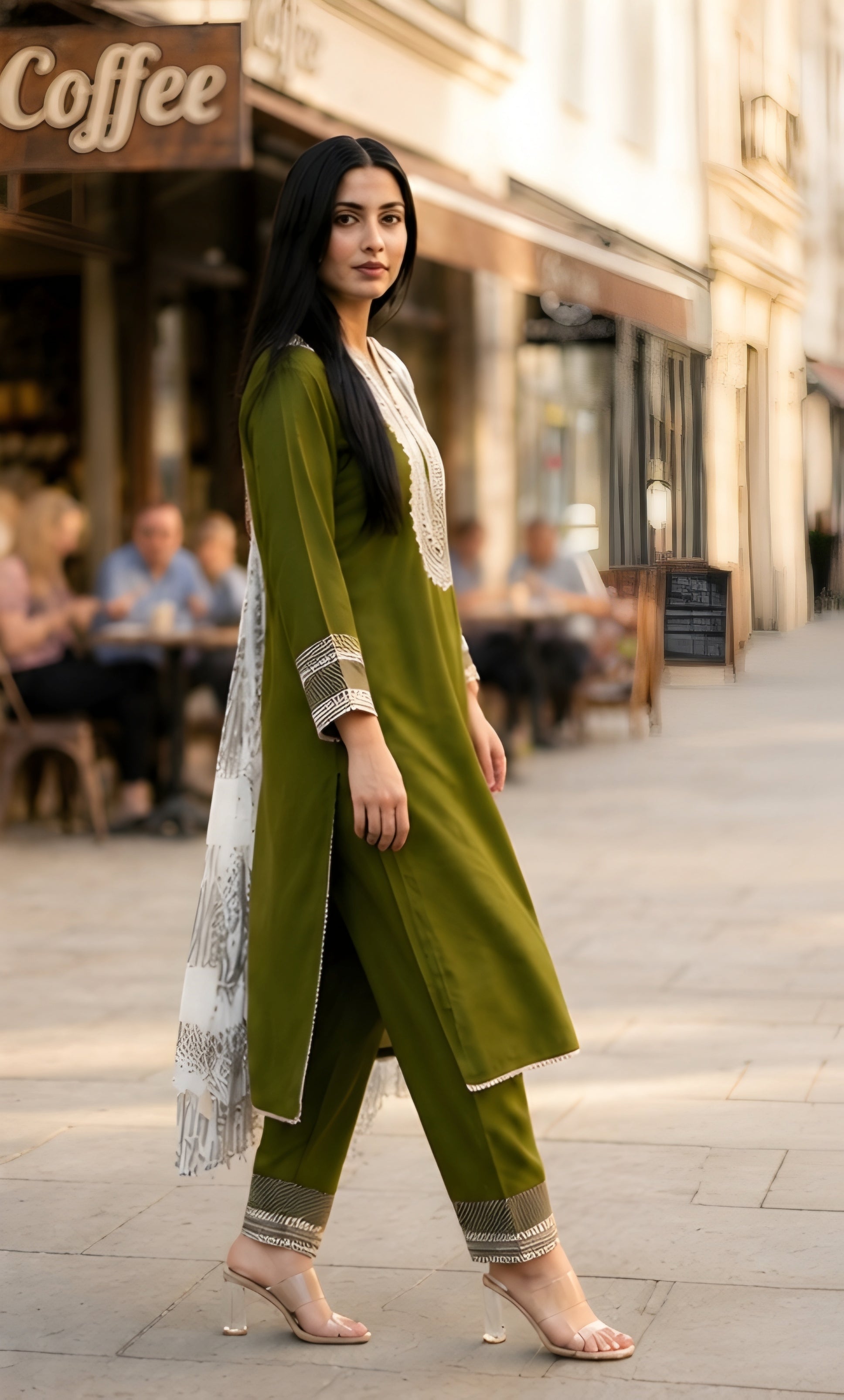 Sadaf - Olive Majesty Embroidered Suit Set