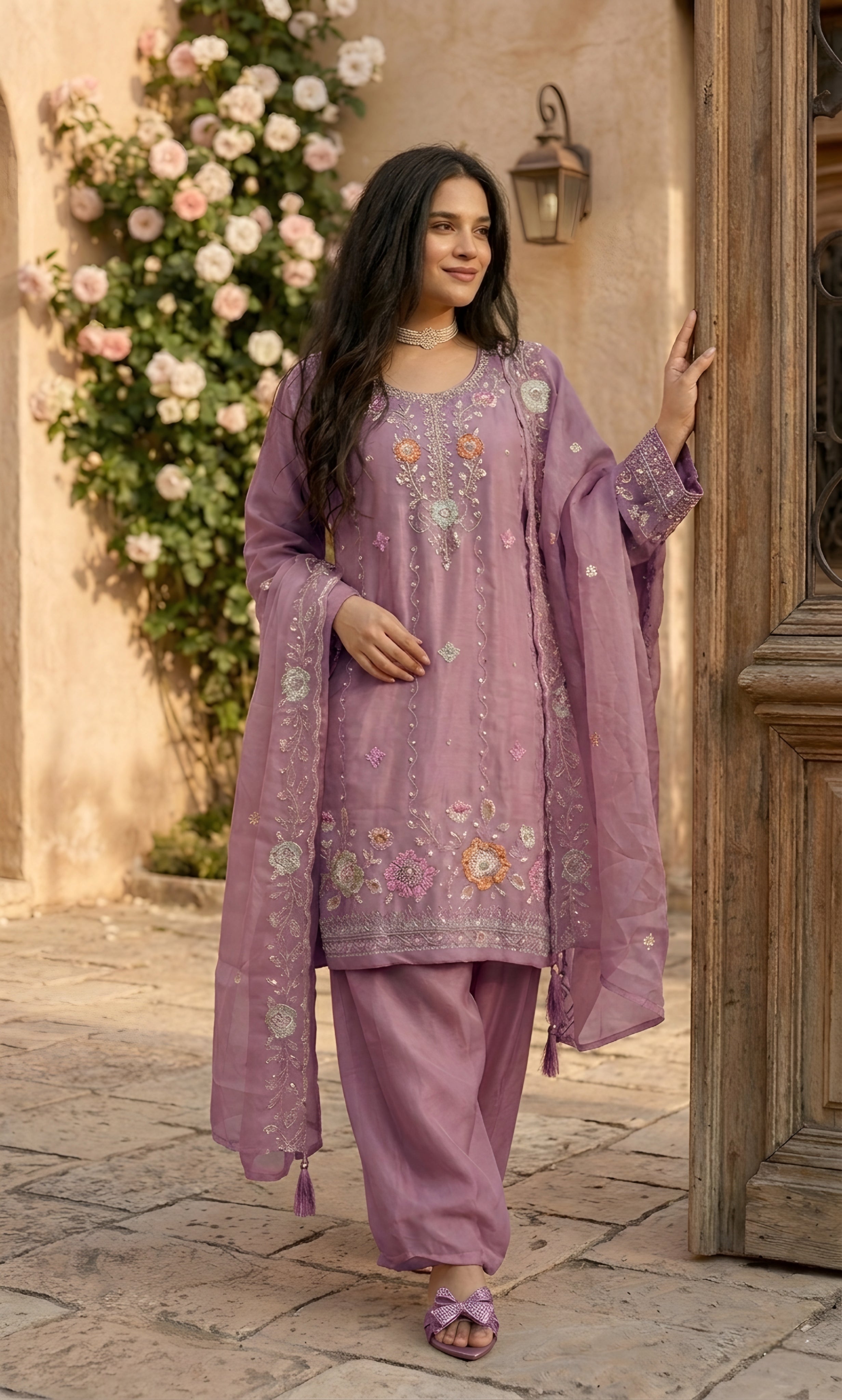 Mehr‑un‑Nisa - Peach Blossom Embroidered Suit Set
