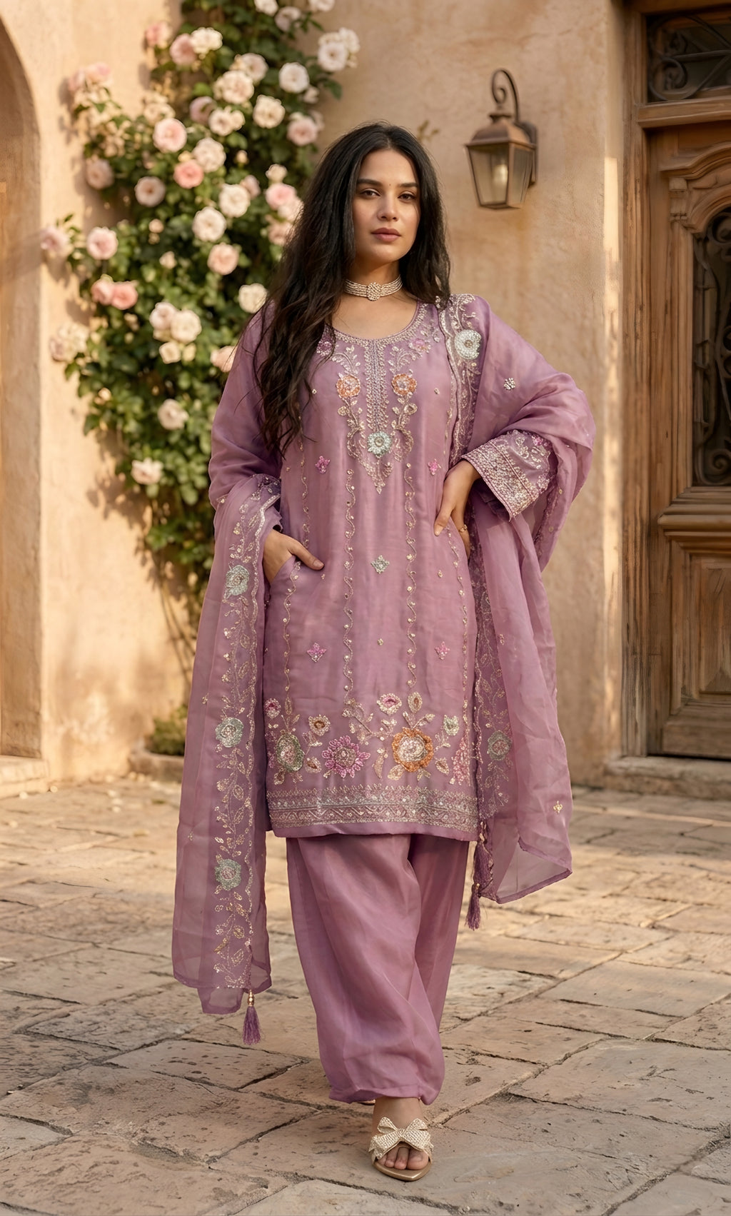 Mehr‑un‑Nisa - Peach Blossom Embroidered Suit Set