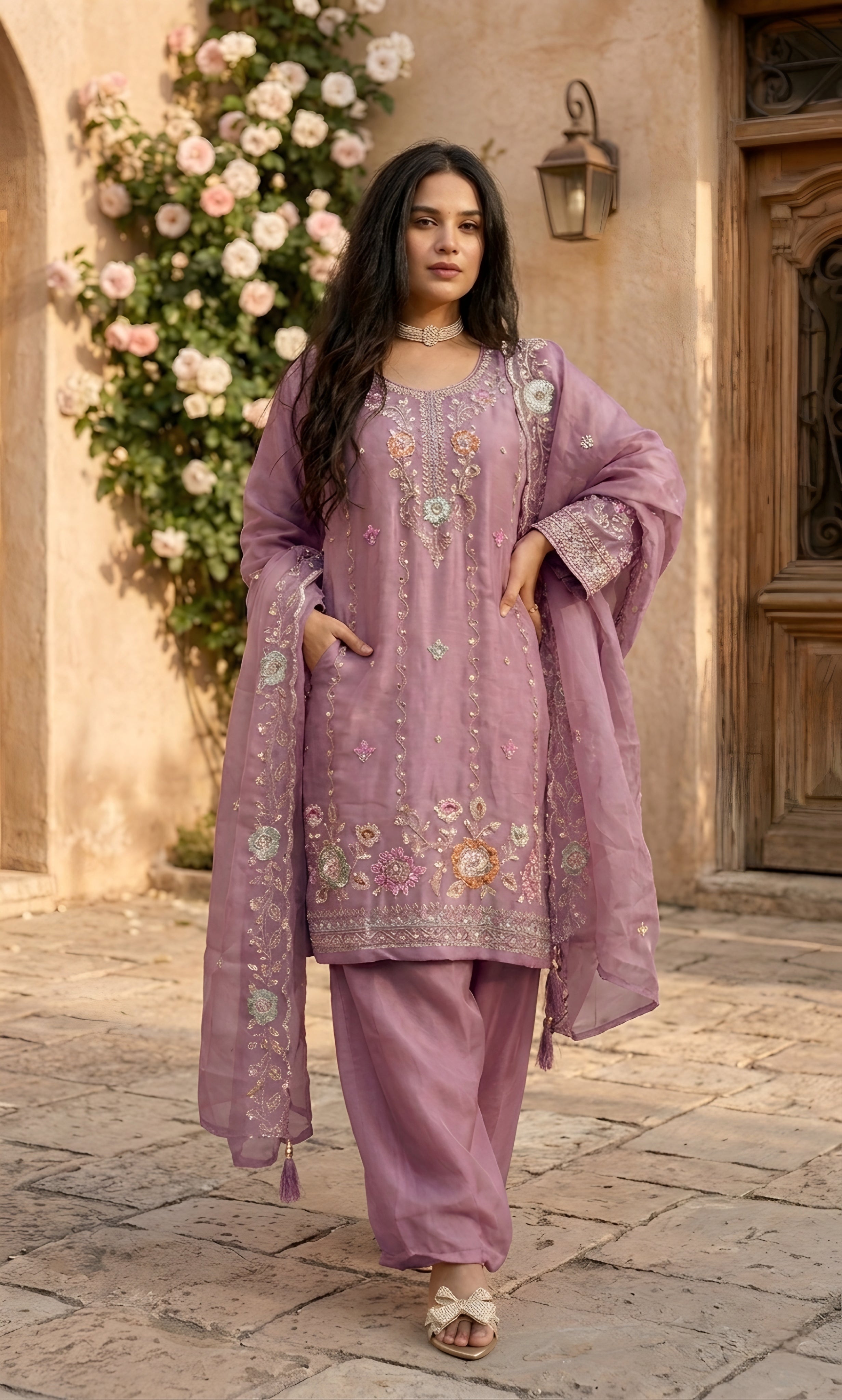 Mehr‑un‑Nisa - Peach Blossom Embroidered Suit Set