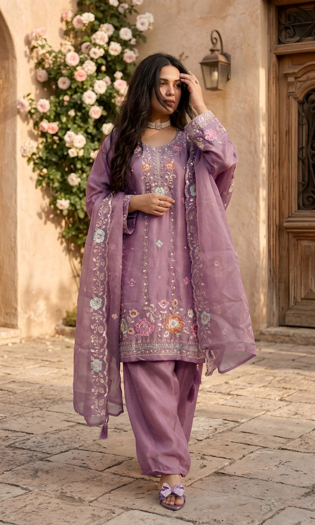 Mehr‑un‑Nisa - Peach Blossom Embroidered Suit Set