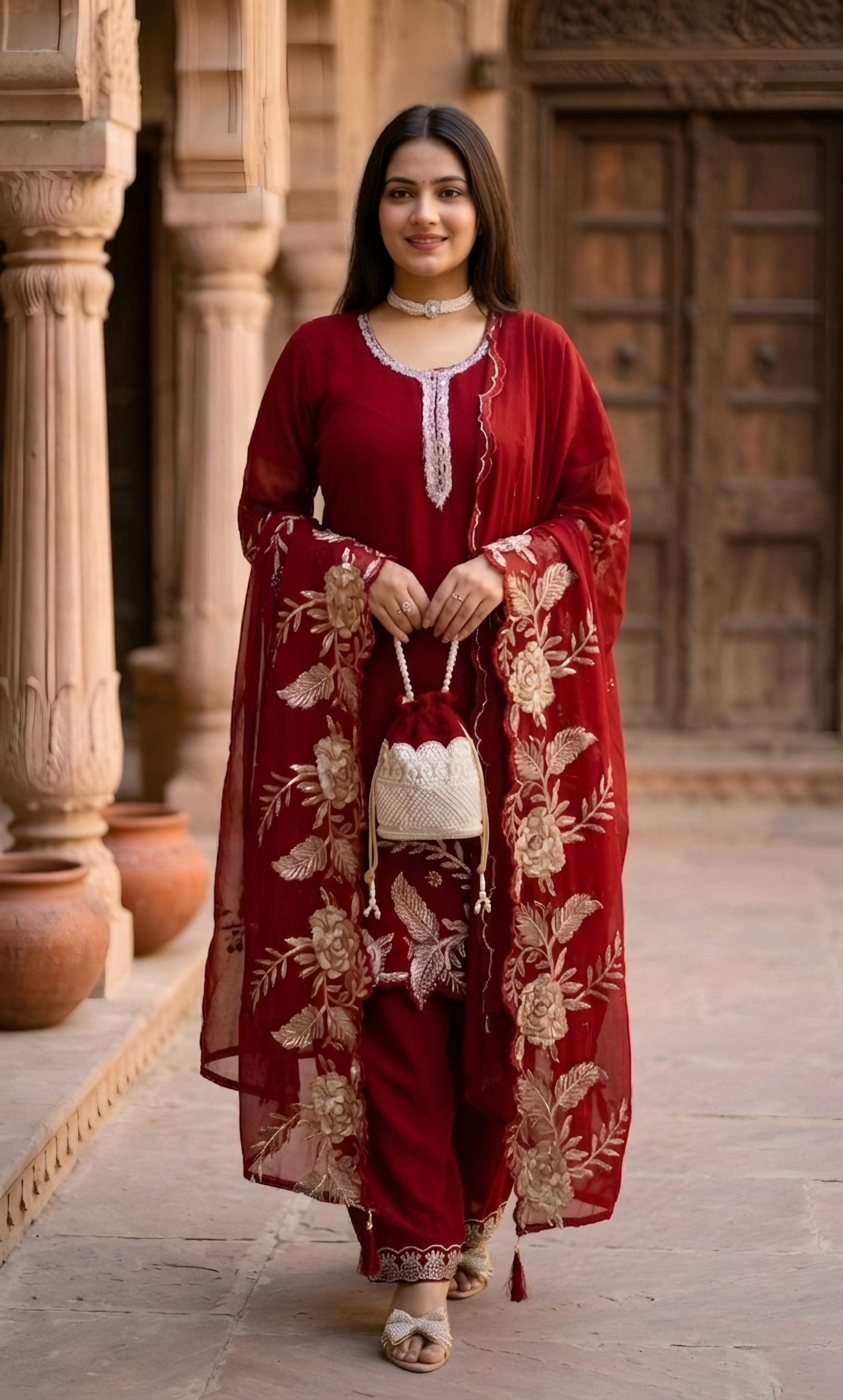 Sara- Crimson Royale Embroidered Suit Set