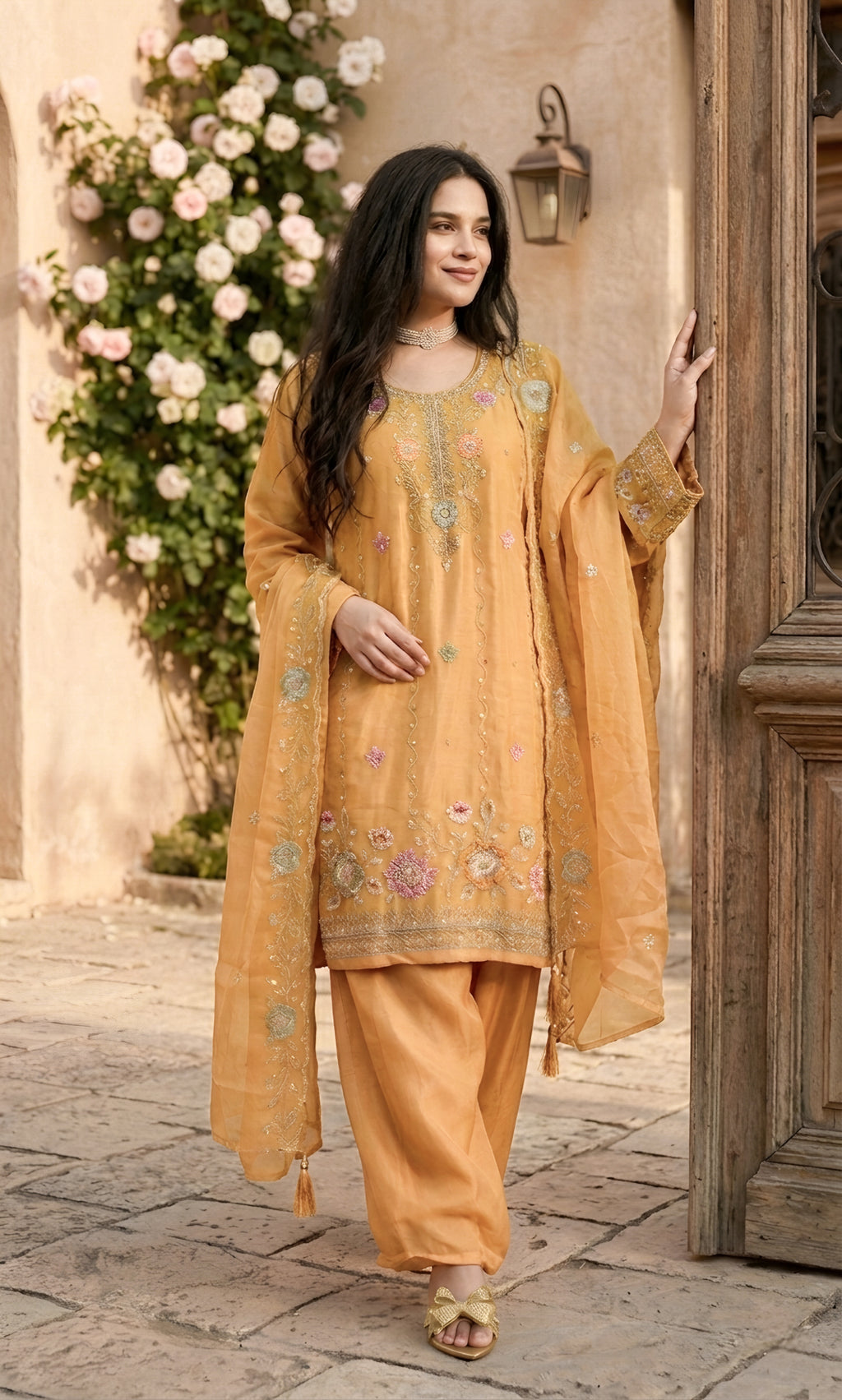 Mehr‑un‑Nisa - Peach Blossom Embroidered Suit Set