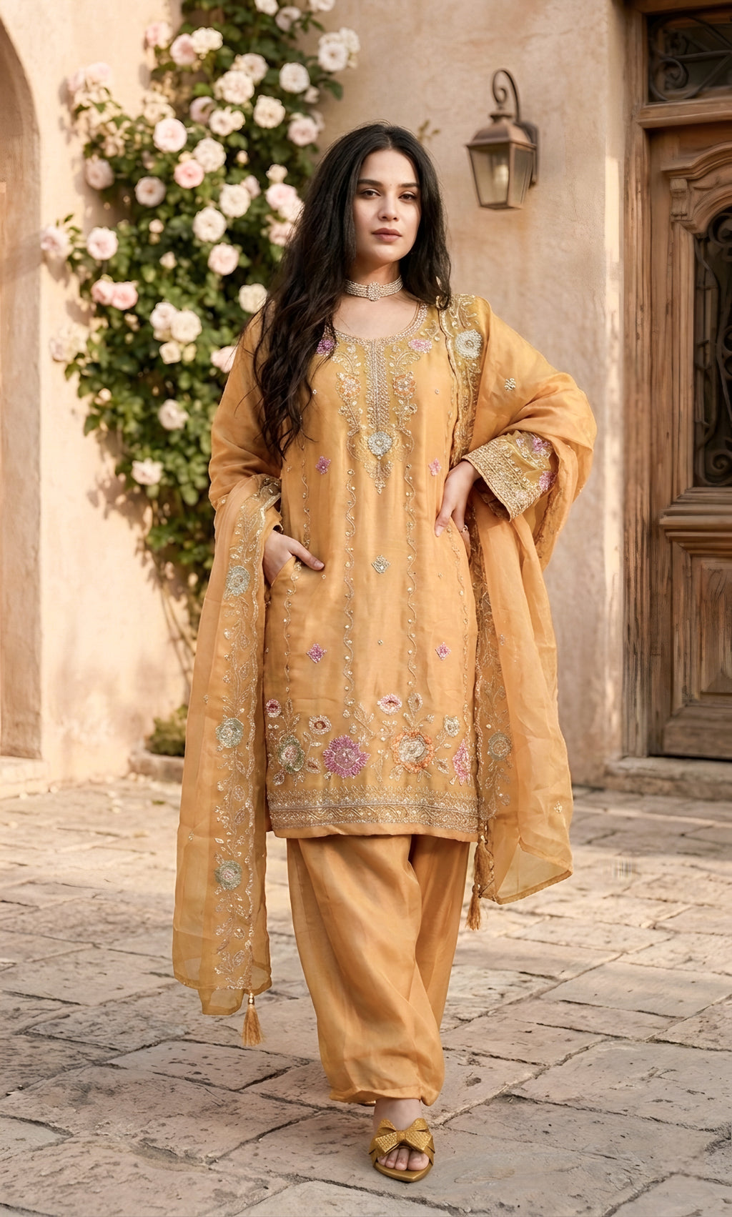 Mehr‑un‑Nisa - Peach Blossom Embroidered Suit Set