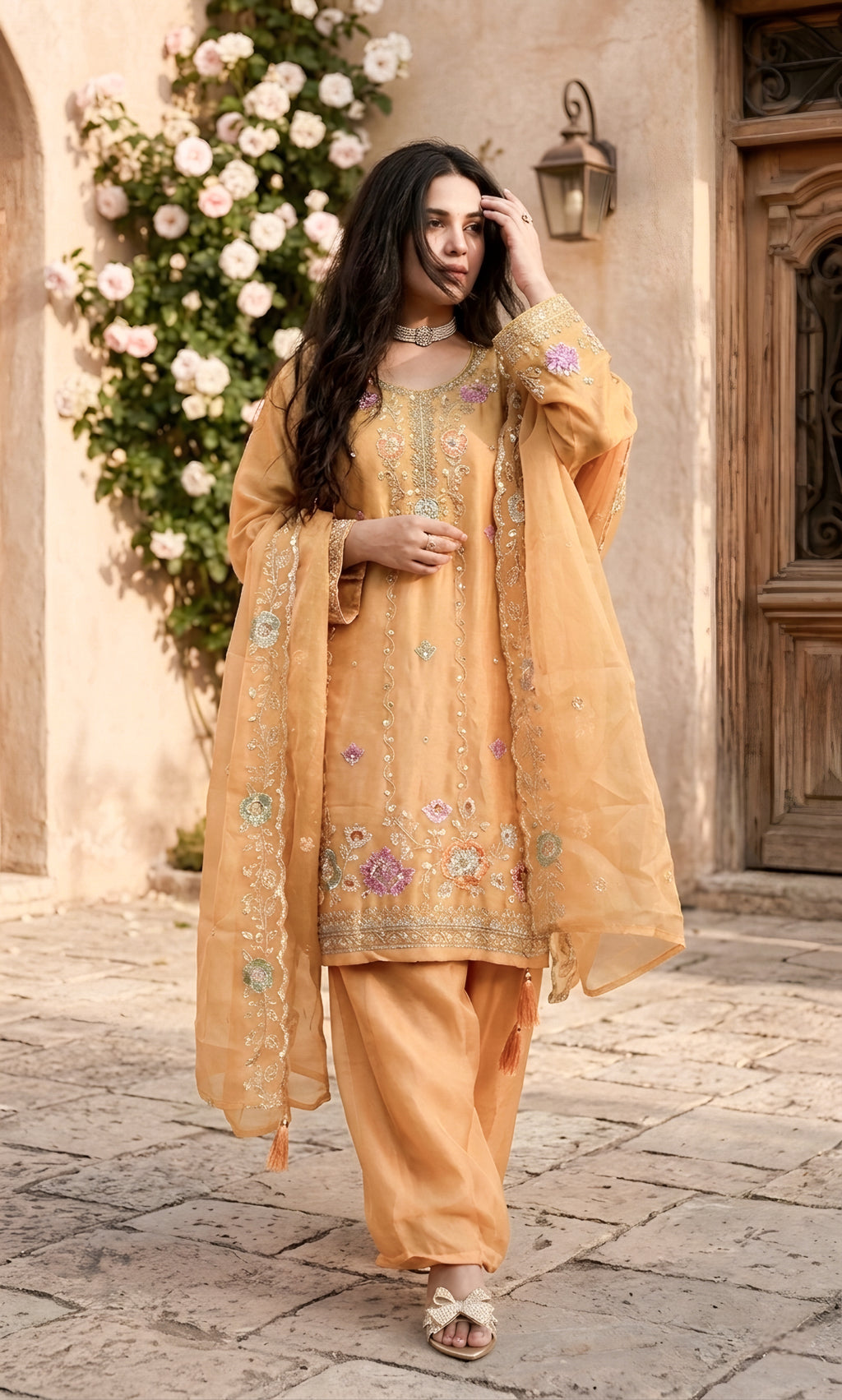Mehr‑un‑Nisa - Peach Blossom Embroidered Suit Set