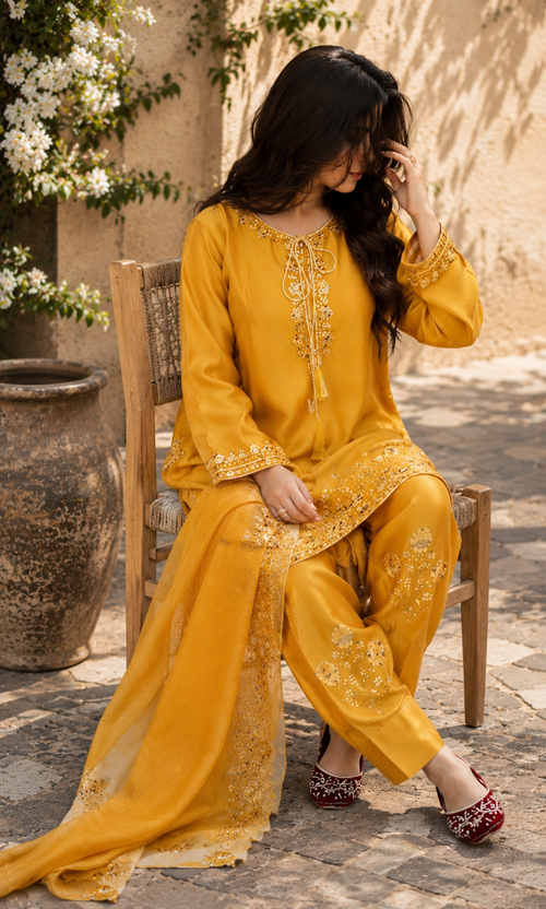 Afifa- Golden Aura Embroidered Suit Set