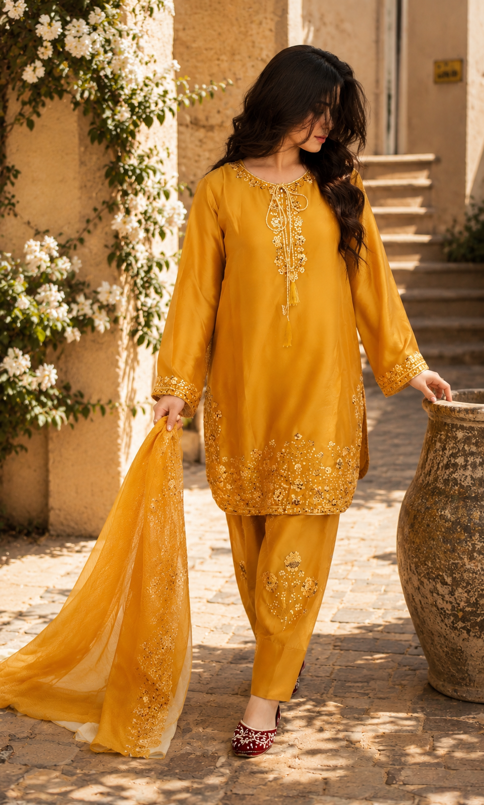 Afifa- Golden Aura Embroidered Suit Set